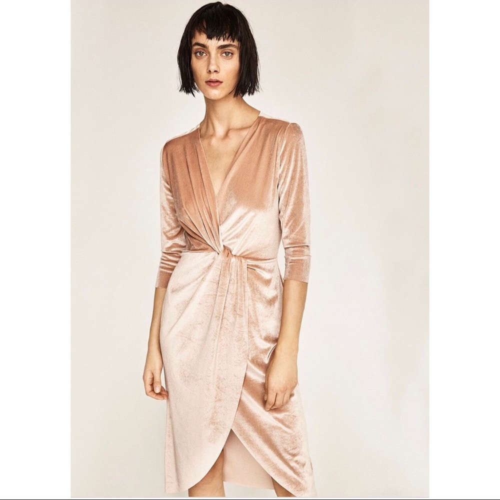 Zara Champagne Velvet Faux Wrap Dress Size Small
